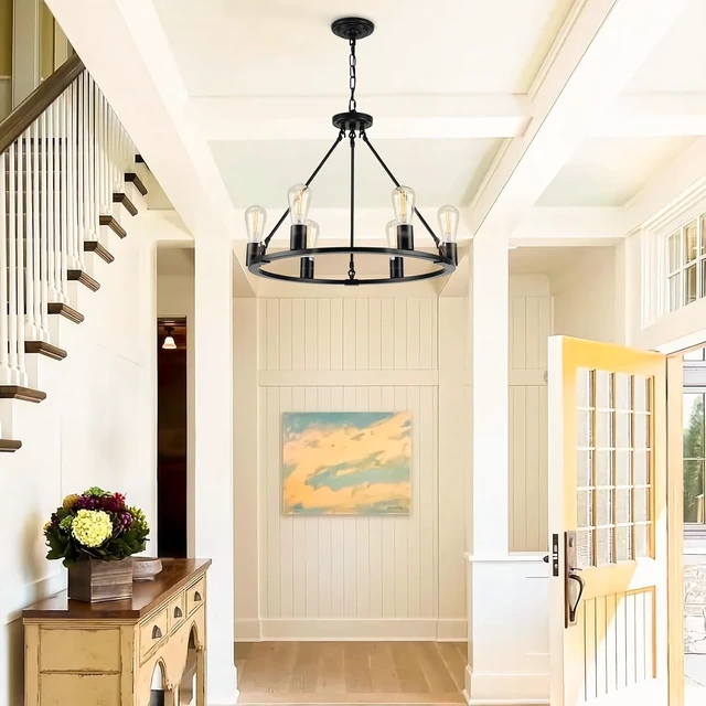 Alt view image 7 of 7 - Black Chandelier, 6-Light Dining Room Light Fixture, Round Farmhouse Wagon Wheel Chandeliers for Dining Room Living Room Entryway Kitchen Island Dia 24"