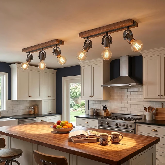 Alt view image 4 of 7 - Farmhouse Wood Ceiling Light, 3-Light Adjustable Directional Spotlight Fixture, Rustic Flush Mount Lighting for Kitchen, Bedroom, Hallway, Entryway