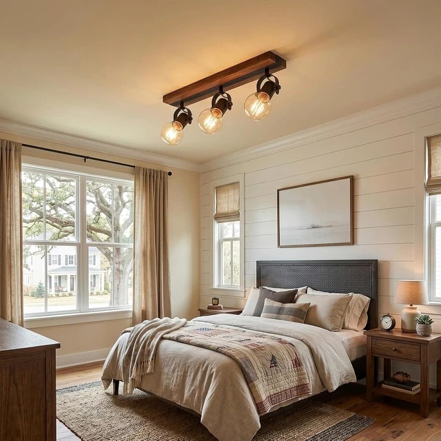 Alt view image 7 of 7 - Farmhouse Wood Ceiling Light, 3-Light Adjustable Directional Spotlight Fixture, Rustic Flush Mount Lighting for Kitchen, Bedroom, Hallway, Entryway