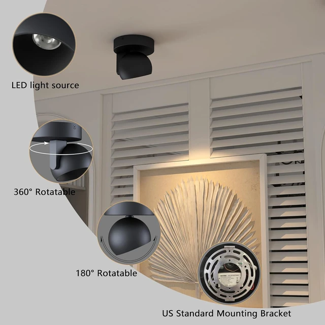 Alt view image 4 of 7 - LED Ceiling Light Dimmable Flush Mount Adjustable Ceiling Light Fixture, Directional Spotlight for Pictures Living Room Bedroom Foyer - 3000K 11W 25° Flicker Free (Black)