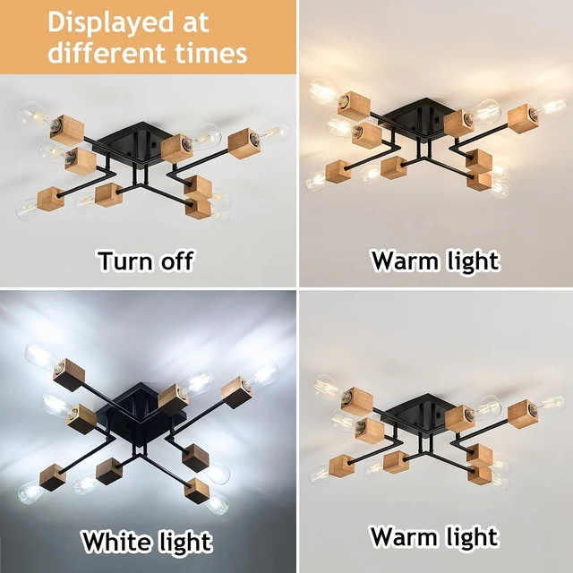 Alt view image 3 of 7 - 8-Light Modern Black and Wood Sputnik Chandelier Retro Matte Ceiling Light Fixture Boho Ceiling lamp for Kitchen Dining Room Living Room Bedroom Farmhouse