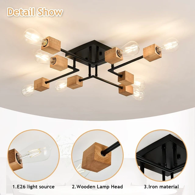Alt view image 4 of 7 - 8-Light Modern Black and Wood Sputnik Chandelier Retro Matte Ceiling Light Fixture Boho Ceiling lamp for Kitchen Dining Room Living Room Bedroom Farmhouse
