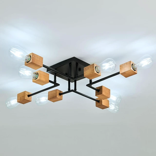 Alt view image 5 of 7 - 8-Light Modern Black and Wood Sputnik Chandelier Retro Matte Ceiling Light Fixture Boho Ceiling lamp for Kitchen Dining Room Living Room Bedroom Farmhouse