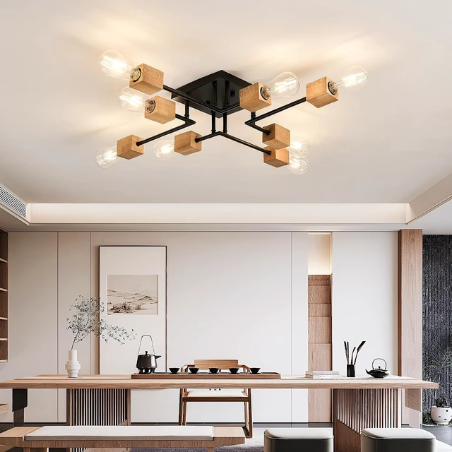 Alt view image 6 of 7 - 8-Light Modern Black and Wood Sputnik Chandelier Retro Matte Ceiling Light Fixture Boho Ceiling lamp for Kitchen Dining Room Living Room Bedroom Farmhouse