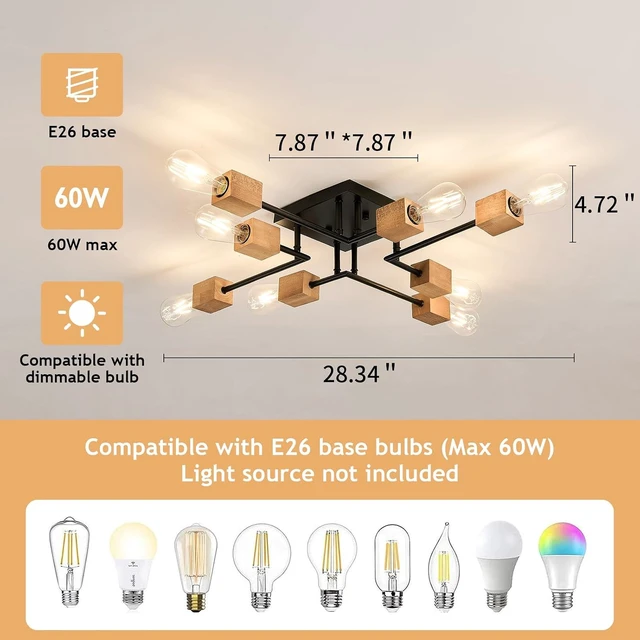 Alt view image 2 of 7 - 8-Light Modern Black and Wood Sputnik Chandelier Retro Matte Ceiling Light Fixture Boho Ceiling lamp for Kitchen Dining Room Living Room Bedroom Farmhouse
