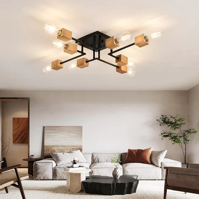 Alt view image 7 of 7 - 8-Light Modern Black and Wood Sputnik Chandelier Retro Matte Ceiling Light Fixture Boho Ceiling lamp for Kitchen Dining Room Living Room Bedroom Farmhouse