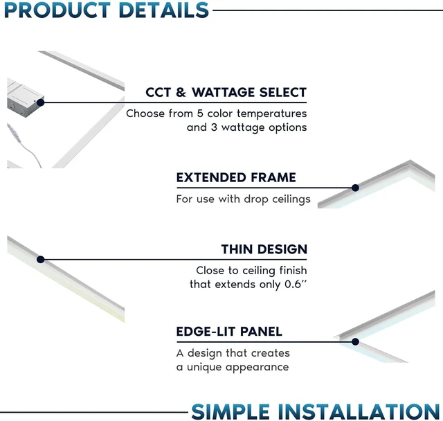 Alt view image 4 of 7 - 2x4 FT Edge-Lit Frame LED Panel Lights,5CCT Selectable 3000K-6500K, 2600/3900/5200LM,20W/30W/40W Switch Grid Drop Ceiling Lights,0-10V Dimmable,Damp Rated,100-277V,ETL Listed (4 Pack)