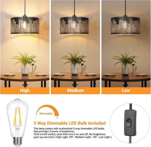 Alt view image 3 of 7 - Qingmiao Black Plug in Pendant Light, 3 Way Bulb, 14ft Cord, On/Off Switch