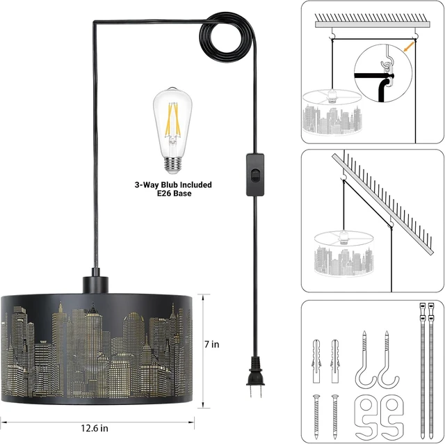 Alt view image 5 of 7 - Qingmiao Black Plug in Pendant Light, 3 Way Bulb, 14ft Cord, On/Off Switch
