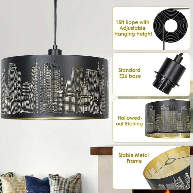 Alt view image 4 of 7 - Qingmiao Black Plug in Pendant Light, 3 Way Bulb, 14ft Cord, On/Off Switch