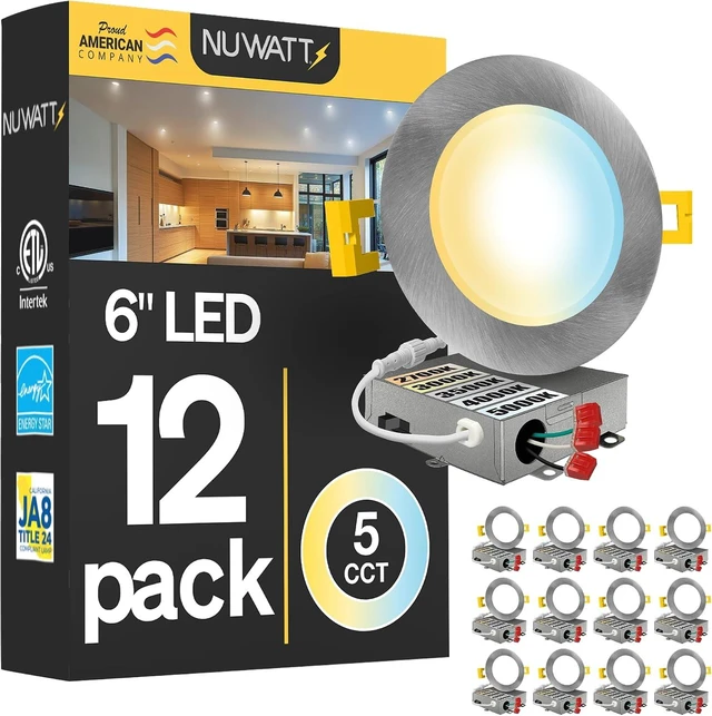 Main image of NUWATT 12 PK Canless 6 inch Brushed Nickel LED Recessed Lights, 2700K-5000K
