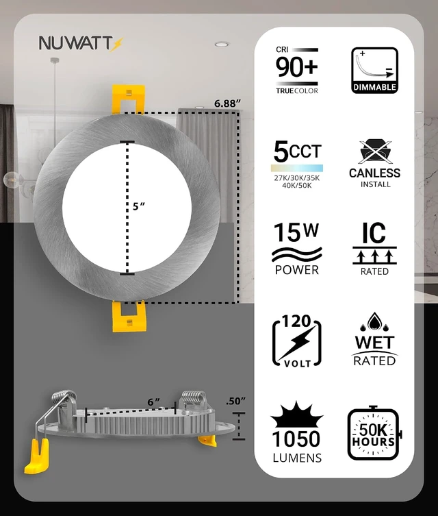 Alt view image 2 of 7 - NUWATT Canless 6 inch Brushed Nickel LED Recessed Lights, 2700K-5000K, 6 PK