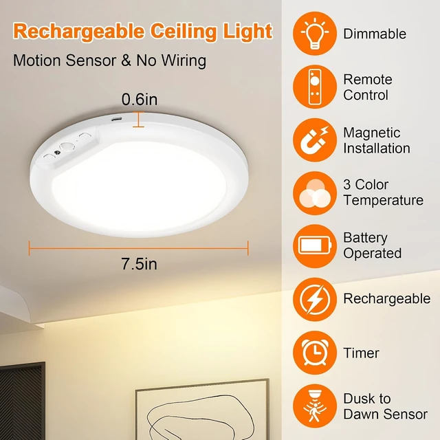 Alt view image 2 of 7 - Otovoda Rechargeable Motion Sensor Ceiling Light,Battery Operated,Magnetic