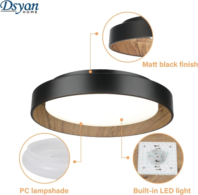 Alt view image 3 of 7 - Wood Accent Flush Mount Ceiling Light, LED 13inch Black Close to Ceiling Light Fixture with Wood Grain, 24W, Dimmable 5CCT Minimalist Ceiling Lamp 3000-6000K,for Bedroom,Kitchen,Entrance