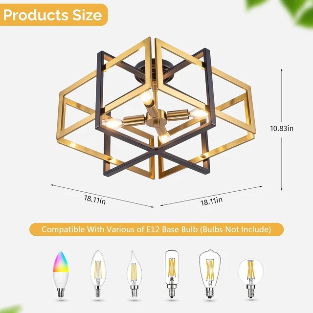 Alt view image 4 of 7 - TOCHIC Flush Mount Ceiling Light, Black Gold Farmhouse Flush Mount Chandelier 4 Lights Industrial Metal Light Fixture for Dining Room, Living Room, Foyer, Hallway, Bedroom