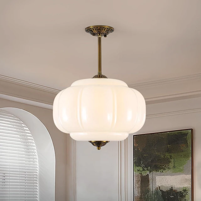 Main image of Vintage Milk Glass Ceiling Light Fixture, 15" Mid Century Semi Flush Mount Ceiling Light, Antique Pendant Light for Entryway, Foyer, Kitchen, Hallway, Dining Room, Bedroom