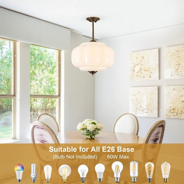 Alt view image 4 of 7 - Vintage Milk Glass Ceiling Light Fixture, 15" Mid Century Semi Flush Mount Ceiling Light, Antique Pendant Light for Entryway, Foyer, Kitchen, Hallway, Dining Room, Bedroom