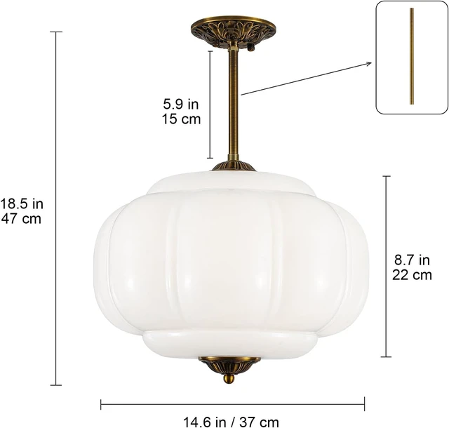 Alt view image 3 of 7 - Vintage Milk Glass Ceiling Light Fixture, 15" Mid Century Semi Flush Mount Ceiling Light, Antique Pendant Light for Entryway, Foyer, Kitchen, Hallway, Dining Room, Bedroom