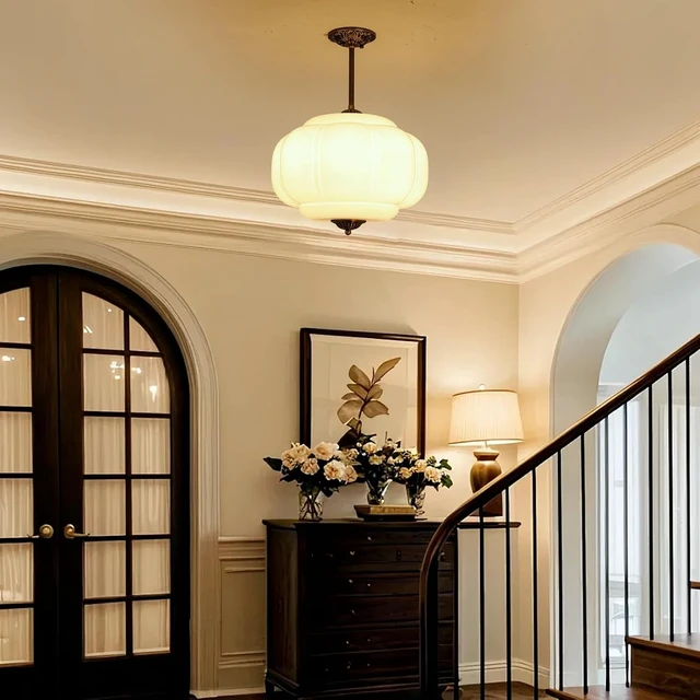 Alt view image 2 of 7 - Vintage Milk Glass Ceiling Light Fixture, 15" Mid Century Semi Flush Mount Ceiling Light, Antique Pendant Light for Entryway, Foyer, Kitchen, Hallway, Dining Room, Bedroom