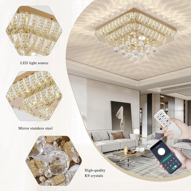 Alt view image 2 of 7 - 26 inch Gold Flush Mount Chandelier, Crystal Chandeliers LED Ceiling Light
