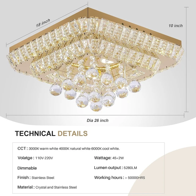 Alt view image 3 of 7 - 26 inch Gold Flush Mount Chandelier, Crystal Chandeliers LED Ceiling Light