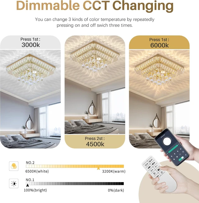 Alt view image 4 of 7 - 26 inch Gold Flush Mount Chandelier, Crystal Chandeliers LED Ceiling Light