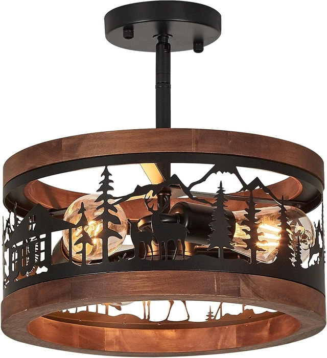 Main image of Rustic Semi-Flush Mount Ceiling Light Farmhouse Metal and Wood 3-Light with Deer Design, E26 Base Wildlife Cabin Lighting for Kitchen, Bedroom, Hallway, Entryway, or Sloped Ceiling