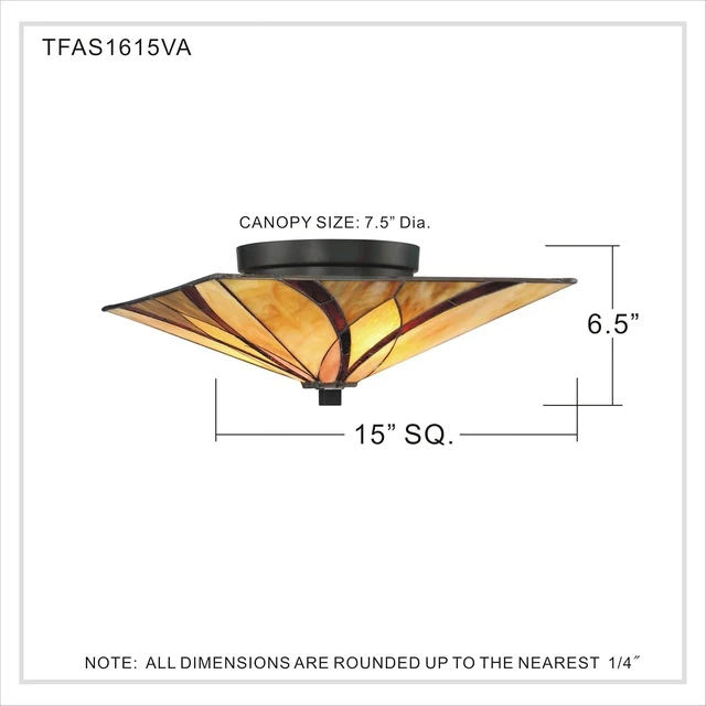 Alt view image 7 of 7 - Quoizel TFAS1615VA Asheville Tiffany Flush Mount Ceiling Lighting, 2-Light, 120 Watts, Valiant Bronze (7" H x 15" W)