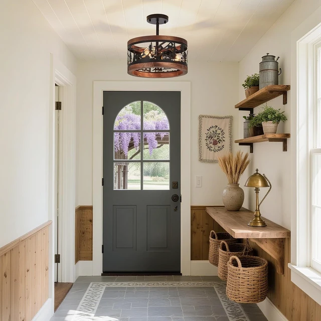 Alt view image 4 of 7 - Rustic Semi-Flush Mount Ceiling Light Farmhouse Metal and Wood 3-Light with Deer Design, E26 Base Wildlife Cabin Lighting for Kitchen, Bedroom, Hallway, Entryway, or Sloped Ceiling