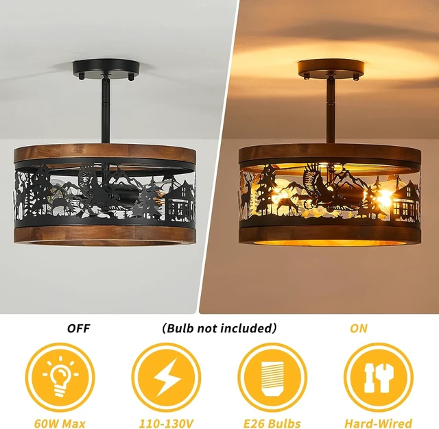 Alt view image 6 of 7 - Rustic Semi-Flush Mount Ceiling Light Farmhouse Metal and Wood 3-Light with Deer Design, E26 Base Wildlife Cabin Lighting for Kitchen, Bedroom, Hallway, Entryway, or Sloped Ceiling