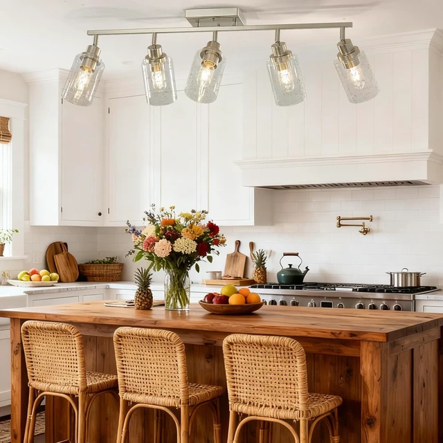 Alt view image 2 of 7 - LOUSACE 5-Light Brushed Nickel Track Lighting Kit, Flush Mount Ceiling Spotlights with Seeded Glass, Bathroom Vanity Lighting & Ceiling Track Light Fixtures for Kitchen Dinning Room Bathroom