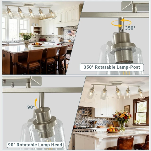Alt view image 3 of 7 - LOUSACE 5-Light Brushed Nickel Track Lighting Kit, Flush Mount Ceiling Spotlights with Seeded Glass, Bathroom Vanity Lighting & Ceiling Track Light Fixtures for Kitchen Dinning Room Bathroom