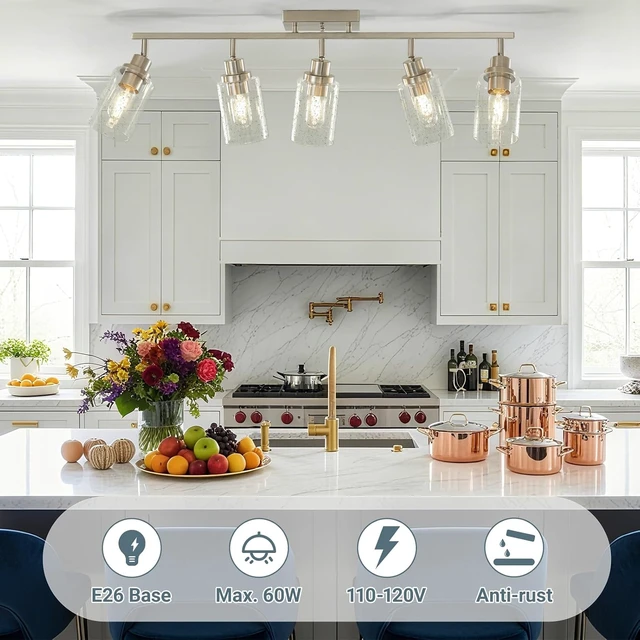 Alt view image 4 of 7 - LOUSACE 5-Light Brushed Nickel Track Lighting Kit, Flush Mount Ceiling Spotlights with Seeded Glass, Bathroom Vanity Lighting & Ceiling Track Light Fixtures for Kitchen Dinning Room Bathroom