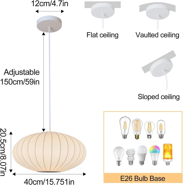 Alt view image 7 of 7 - Italian Silk Pendant Light, 15.7in White Bubble Fabric Lantern