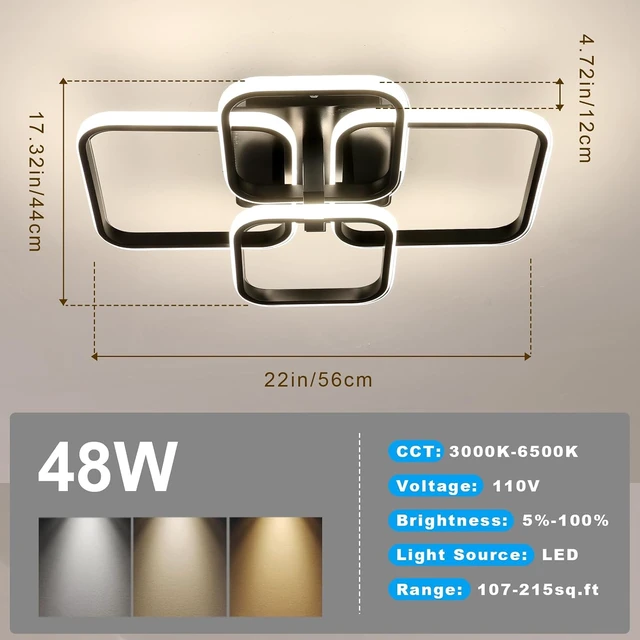 Alt view image 4 of 7 - DELIPOP Modern Ceiling Light, 3000-6500K Black Dimmable Flush Mount Ceiling Lights with Remote Control, 48W LED Chandelier for Living Room Dining Room Bedroom