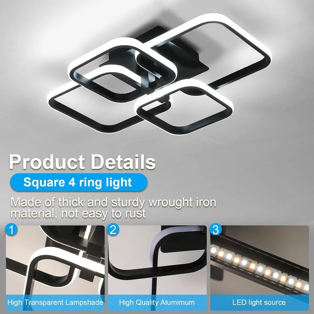 Alt view image 6 of 7 - DELIPOP Modern Ceiling Light, 3000-6500K Black Dimmable Flush Mount Ceiling Lights with Remote Control, 48W LED Chandelier for Living Room Dining Room Bedroom