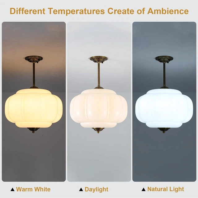 Alt view image 5 of 7 - Vintage Milk Glass Ceiling Light Fixture, 15" Mid Century Semi Flush Mount Ceiling Light, Antique Pendant Light for Entryway, Foyer, Kitchen, Hallway, Dining Room, Bedroom