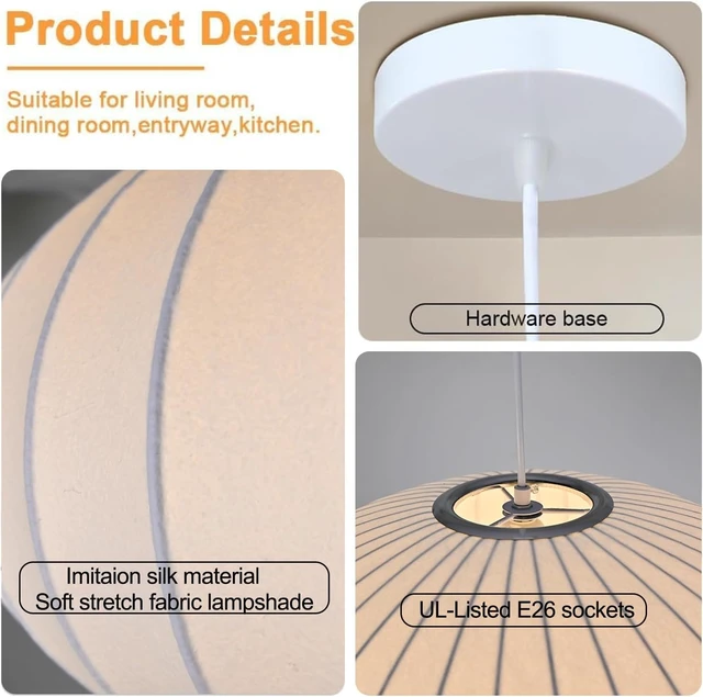 Alt view image 6 of 7 - Italian Silk Pendant Light, 15.7in White Bubble Fabric Lantern