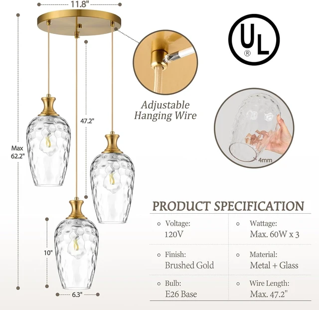 Alt view image 3 of 7 - 3-Light Cluster Pendant Lighting, Modern Gold Glass Chandelier