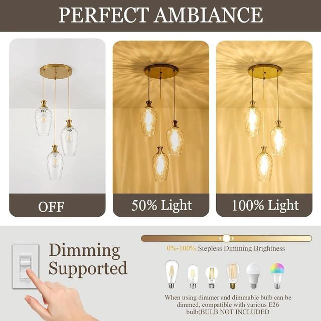 Alt view image 4 of 7 - 3-Light Cluster Pendant Lighting, Modern Gold Glass Chandelier