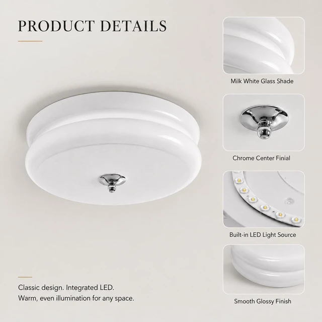 Alt view image 2 of 7 - Modern Milk Glass Flush Mount Ceiling Light,Chrome Schoolhouse Light