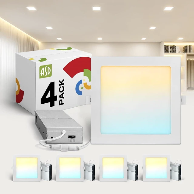 Main image of ASD 4 Pack LED Square Recessed Lighting 8 Inch, 5CCT 2700K-5000K CRI90+, Dimmable Ultra-Thin Canless Wafer Lights, IC Rated Ceiling Light Fixtures with Junction Box, ETL Energy Star, White