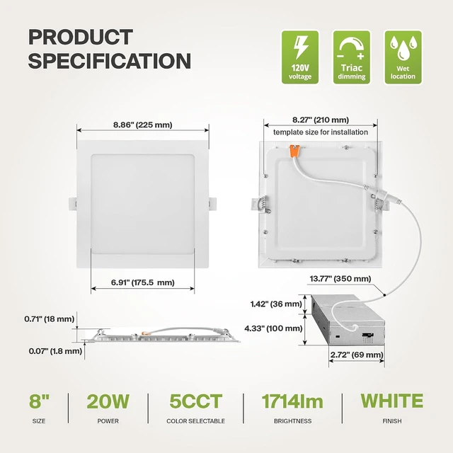 Alt view image 7 of 7 - ASD 4 Pack LED Square Recessed Lighting 8 Inch, 5CCT 2700K-5000K CRI90+, Dimmable Ultra-Thin Canless Wafer Lights, IC Rated Ceiling Light Fixtures with Junction Box, ETL Energy Star, White