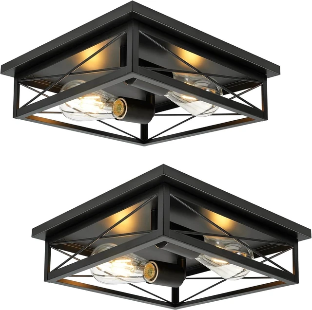 Main image of 2 Pack Farmhouse Ceiling Light Fixture - 12 Inch Big Industrial Square Modern Black Flush Mount Ceiling Light for Kitchen, Hallway, Bedroom, Balcony, Porch, Stairway, E26 (Black, 12 Inch)