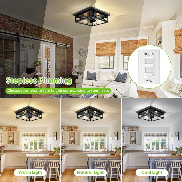 Alt view image 2 of 7 - 2 Pack Farmhouse Ceiling Light Fixture - 12 Inch Big Industrial Square Modern Black Flush Mount Ceiling Light for Kitchen, Hallway, Bedroom, Balcony, Porch, Stairway, E26 (Black, 12 Inch)