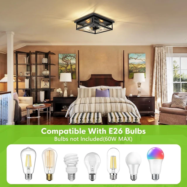 Alt view image 3 of 7 - 2 Pack Farmhouse Ceiling Light Fixture - 12 Inch Big Industrial Square Modern Black Flush Mount Ceiling Light for Kitchen, Hallway, Bedroom, Balcony, Porch, Stairway, E26 (Black, 12 Inch)