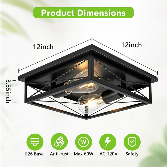 Alt view image 6 of 7 - 2 Pack Farmhouse Ceiling Light Fixture - 12 Inch Big Industrial Square Modern Black Flush Mount Ceiling Light for Kitchen, Hallway, Bedroom, Balcony, Porch, Stairway, E26 (Black, 12 Inch)