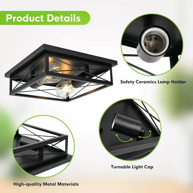Alt view image 5 of 7 - 2 Pack Farmhouse Ceiling Light Fixture - 12 Inch Big Industrial Square Modern Black Flush Mount Ceiling Light for Kitchen, Hallway, Bedroom, Balcony, Porch, Stairway, E26 (Black, 12 Inch)