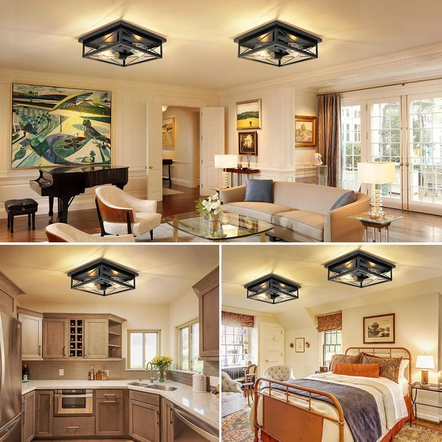 Alt view image 7 of 7 - 2 Pack Farmhouse Ceiling Light Fixture - 12 Inch Big Industrial Square Modern Black Flush Mount Ceiling Light for Kitchen, Hallway, Bedroom, Balcony, Porch, Stairway, E26 (Black, 12 Inch)