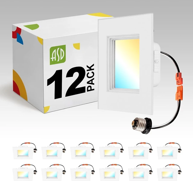 Main image of ASD LED Retrofit 4 Inch Recessed Lights - Square 9W 709LM 2700-5000K Recessed Lighting 4 Inch, Wet Rated Dimmable Can Lights, Baffle Trim Wafer Lights, UL 12 Pack